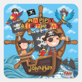 Pegatina Cuadrada Fiesta de cumpleaños pirata para niños