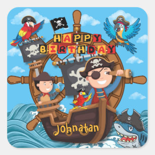 Pegatina Cuadrada Fiesta de cumpleaños pirata para niños