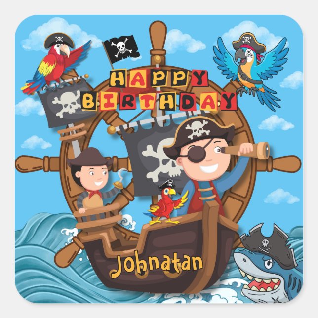 Pegatina Cuadrada Fiesta de cumpleaños pirata para niños (Anverso)