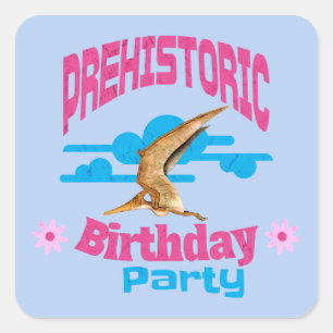 Pegatina Cuadrada Fiesta de Cumpleaños Prehistórica Pterodáctilo Div