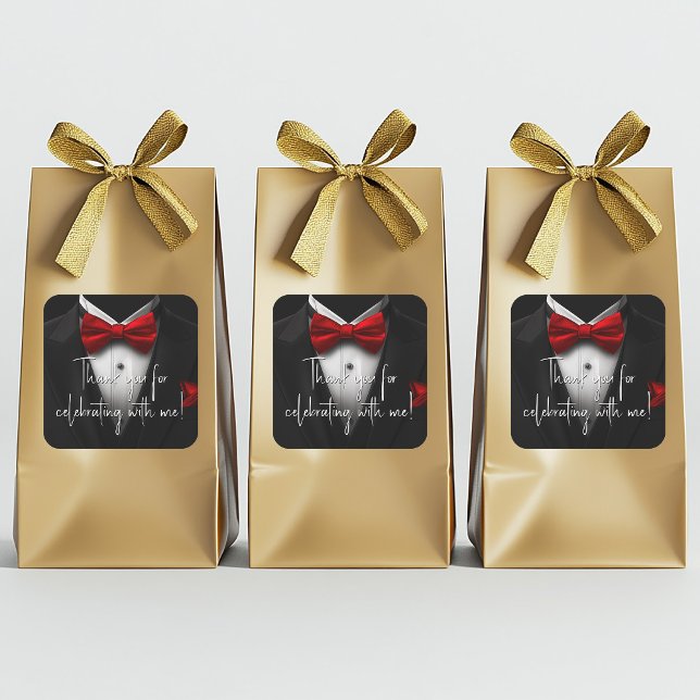 Pegatina Cuadrada Fiesta de cumpleaños Red Black para hombres (Red and black birthday party and event stickers with tuxedo and red bow tie. Add your text.)