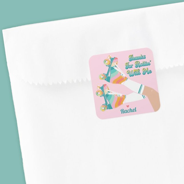 Pegatina Cuadrada Fiesta de Cumpleaños Retro de Patinaje en Línea Ag (Retro rollerskating birthday party favor stickers, so cute on a treat bag!)