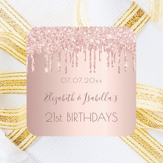 Pegatina Cuadrada Fiesta de cumpleaños rosa oro dos personas (Subido por el creador)