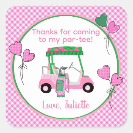 Pegatina Cuadrada Fiesta de cumpleaños sobre el tema del golf rosa y