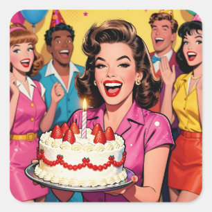 Pegatina Cuadrada Fiesta de cumpleaños sorpresa de arte pop retro có