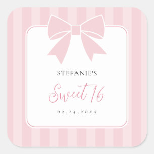 Pegatina Cuadrada Fiesta de cumpleaños Sweet 16 de niña con lazo ros