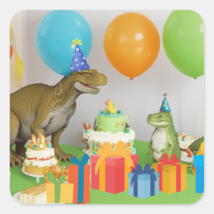 Pegatina Cuadrada Fiesta de cumpleaños T-rex