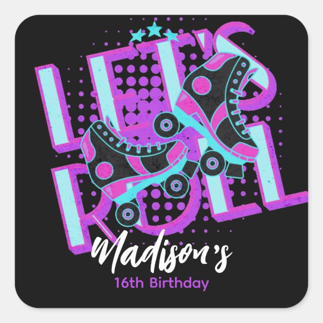 Pegatina Cuadrada Fiesta de Cumpleaños Tema Dulces 16 Patines sobre  (Anverso)