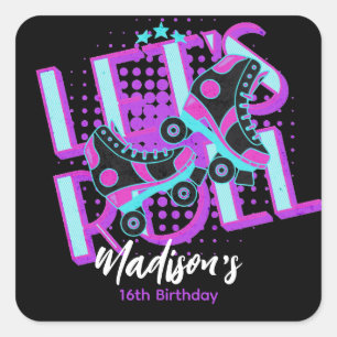 Pegatina Cuadrada Fiesta de Cumpleaños Tema Dulces 16 Patines sobre