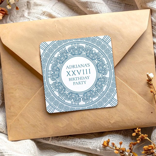 Pegatina Cuadrada Fiesta de cumpleaños toga griega con elementos azu (Subido por el creador)