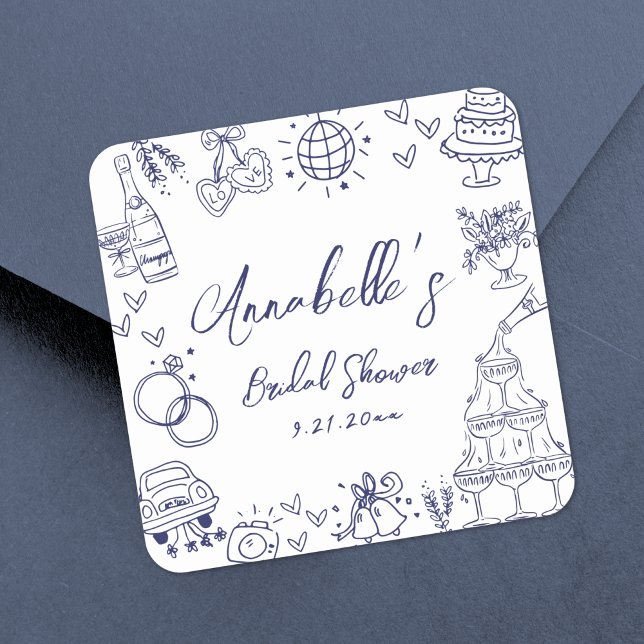 Pegatina Cuadrada Fiesta de Despedida de Soltera Caprichosa Dibujada (Hand Drawn Navy Blue Whimsical Bridal Shower Square Sticker)
