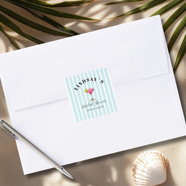 Pegatina Cuadrada Fiesta de Despedida de Soltera Cóctel de Raya Azul (Blue Stripe Cocktail Bridal Shower Square Sticker)