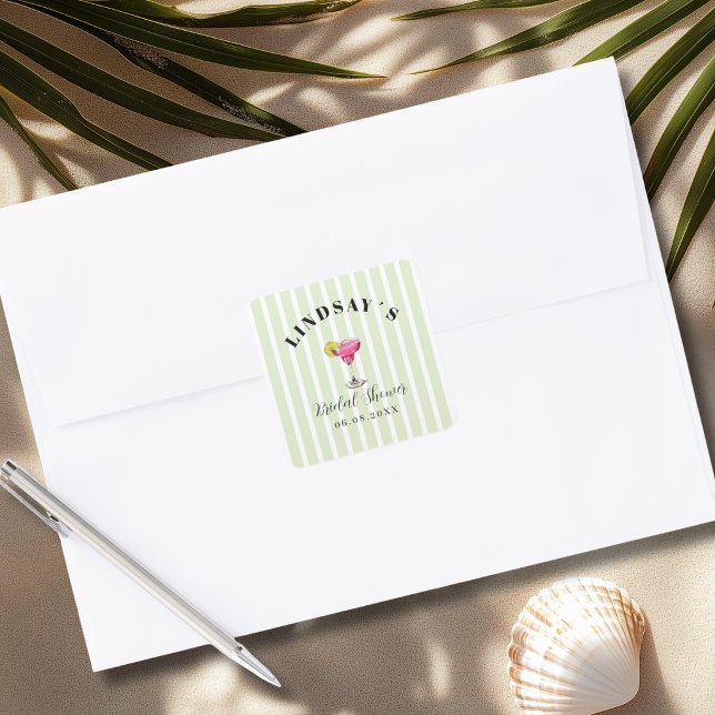 Pegatina Cuadrada Fiesta de Despedida de Soltera Cóctel Raya Verde (Green Stripe Cocktail Bridal Shower Square Sticker)
