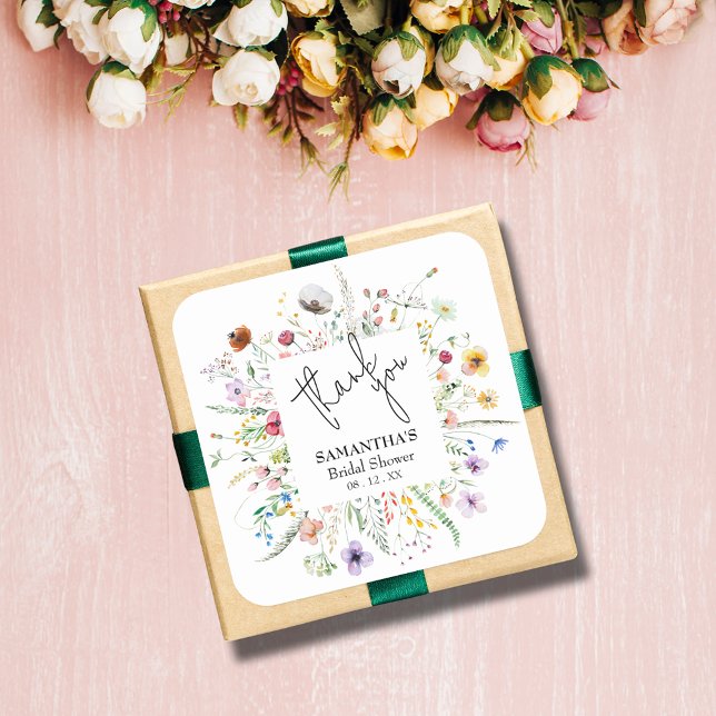 Pegatina Cuadrada Fiesta de Despedida de Soltera con Flores Silvestr (Wildflowers bridal shower 3" square stickers (1-1/2" available, too))