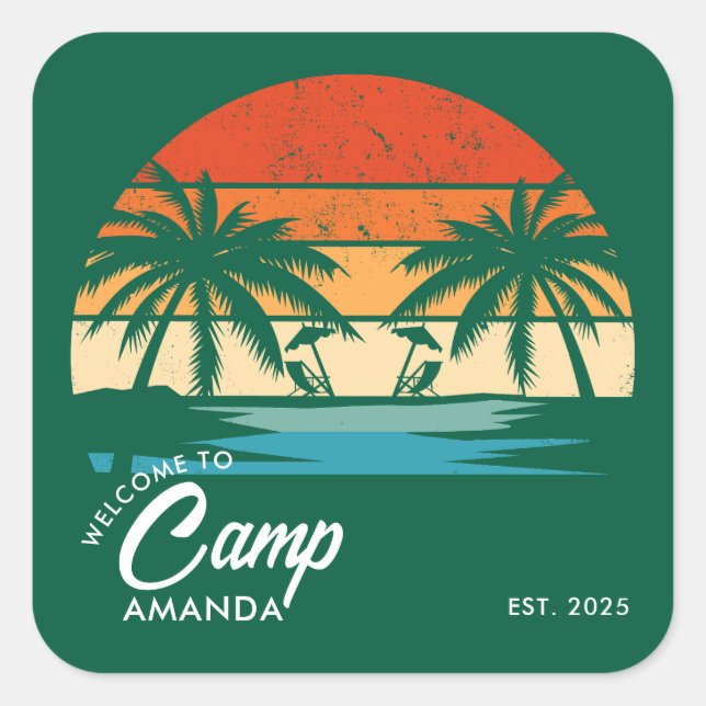 Pegatina Cuadrada Fiesta de Despedida de Soltera en Campamento de Pl (Anverso)