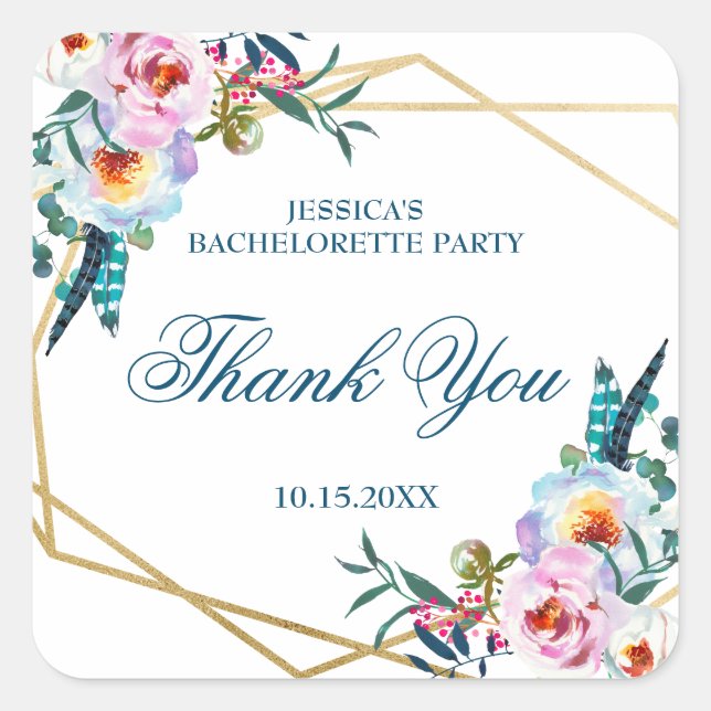 Pegatina Cuadrada Fiesta de Despedida de Soltera Floral Boho Precios (Anverso)