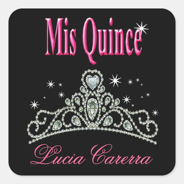 Pegatina Cuadrada Fiesta de Diamond Tiara Quinceañera (negro/rosa) (Anverso)