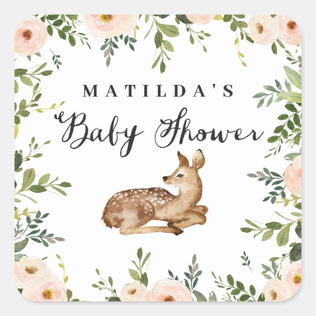 Pegatina Cuadrada Fiesta de ducha de bebé de venado de color acuátic (Anverso)