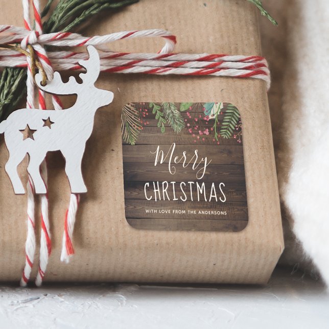 Pegatina Cuadrada Fiesta de feriado de Navidades Rusos Wood Holly y  (The Square Sticker Mock-up)
