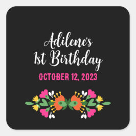 Pegatina Cuadrada Fiesta de flores étnicas negras bordado mexicano