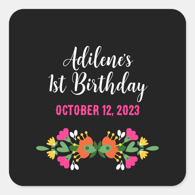 Pegatina Cuadrada Fiesta de flores étnicas negras bordado mexicano (Anverso)