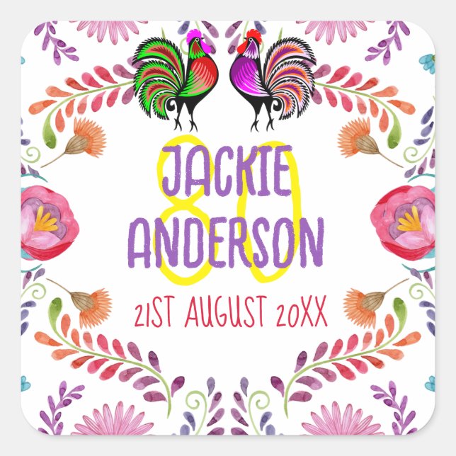 Pegatina Cuadrada Fiesta de Flores Folklóricas Personalizadas para e (Anverso)