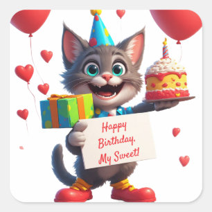 Pegatina Cuadrada Fiesta de gato adorable con regalo y corazones ❤️