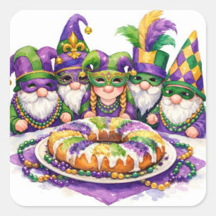 Pegatina Cuadrada Fiesta de Gnomo de Mardi Gras con Roscón de Reyes