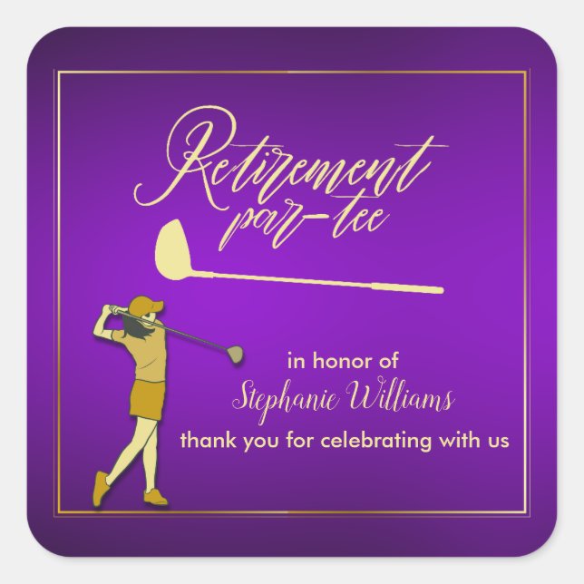 Pegatina Cuadrada Fiesta de golf de retiro Mujer de oro morada clási (Anverso)