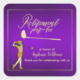 Pegatina Cuadrada Fiesta de golf de retiro Mujer de oro morada clási