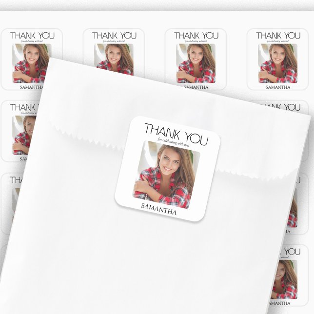 Pegatina Cuadrada Fiesta de Graduación Foto Moderna de Agradecimient (Graduation party "Thank you" photo stickers. Perfect for envelope seals or guest favor bag seals.)