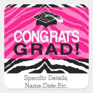 Pegatina Cuadrada Fiesta de graduación negra rosada personalizada d