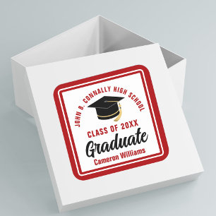 Pegatina Cuadrada Fiesta de Graduación Personalizada de Graduado Roj