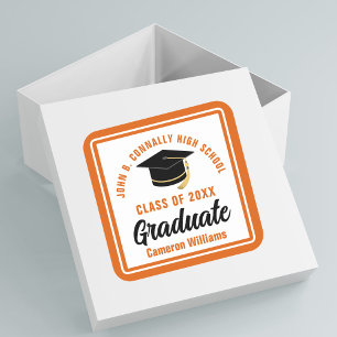 Pegatina Cuadrada Fiesta de Graduación Personalizada de Naranja para