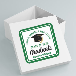 Pegatina Cuadrada Fiesta de Graduación Personalizada Verde para Grad
