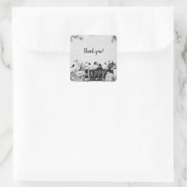 Pegatina Cuadrada Fiesta de Halloween Black and White Happy