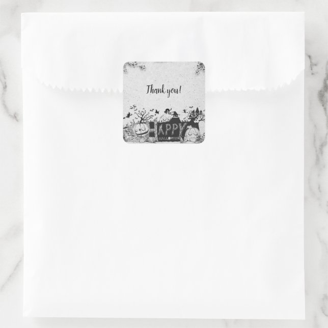 Pegatina Cuadrada Fiesta de Halloween Black and White Happy (Bolso)
