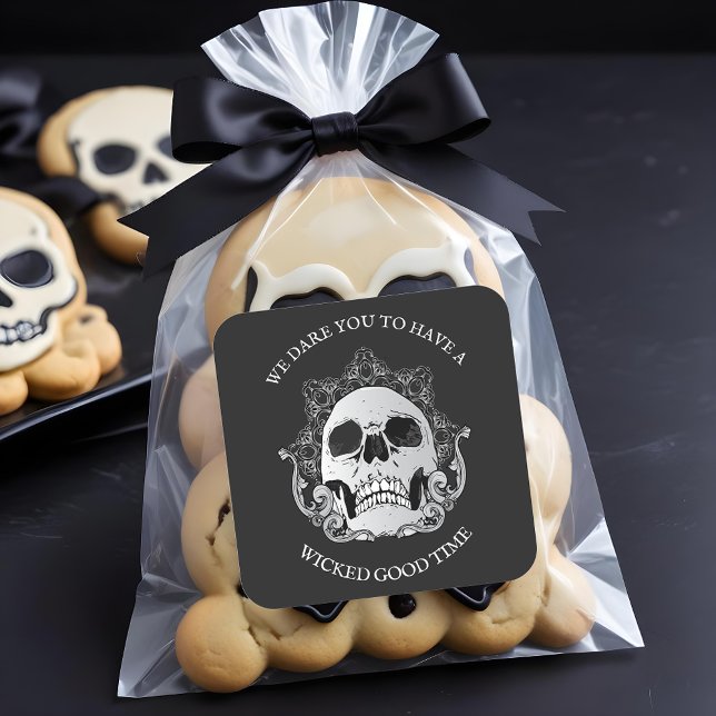 Pegatina Cuadrada Fiesta de Halloween con cráneo gótico (Gothic Skull Halloween Party 3" Square Stickers)