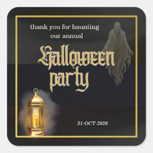 Pegatina Cuadrada Fiesta de Halloween con farol negro dorado elegant