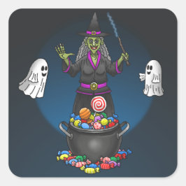 Pegatina Cuadrada Fiesta de Halloween con truco de brujas y fantasma