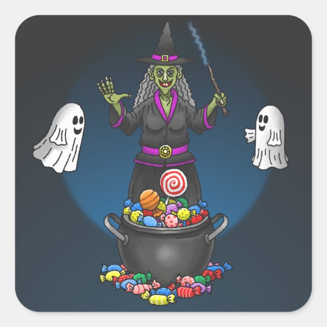 Pegatina Cuadrada Fiesta de Halloween con truco de brujas y fantasma (Anverso)