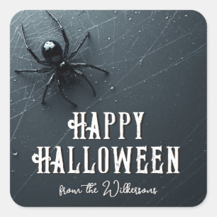 Pegatina Cuadrada Fiesta de Halloween de Araña Negra y Telaraña Espe