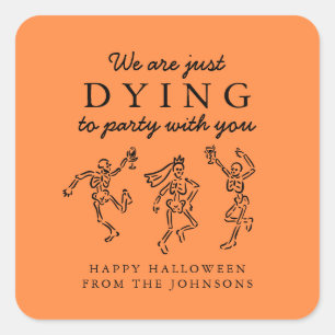 Pegatina Cuadrada Fiesta de Halloween de Esqueletos Dibujados a Mano