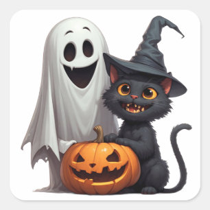 Pegatina Cuadrada Fiesta de Halloween de Fantasma y Gato Negro 👻