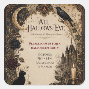 Pegatina Cuadrada Fiesta de Halloween para Adultos Cuervo, Llave Ant