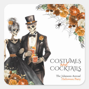 Pegatina Cuadrada Fiesta de Halloween para Adultos: Disfraces y Cóct