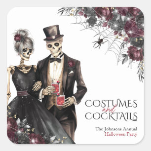 Pegatina Cuadrada Fiesta de Halloween para Adultos: Disfraces y Cóct