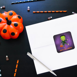 Pegatina Cuadrada Fiesta de Halloween para Niños Frankenstein