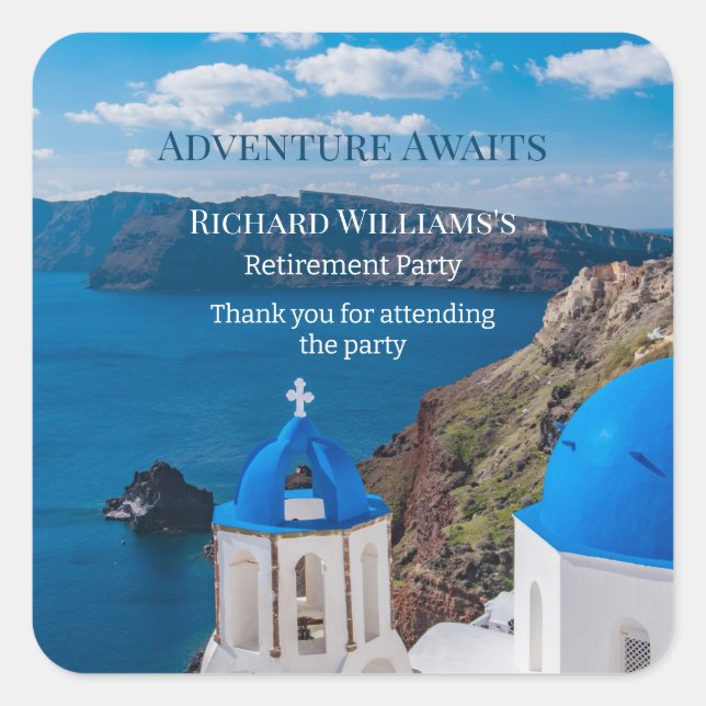 Pegatina Cuadrada Fiesta de Jubilación Aventura a Grecia Medit (Anverso)