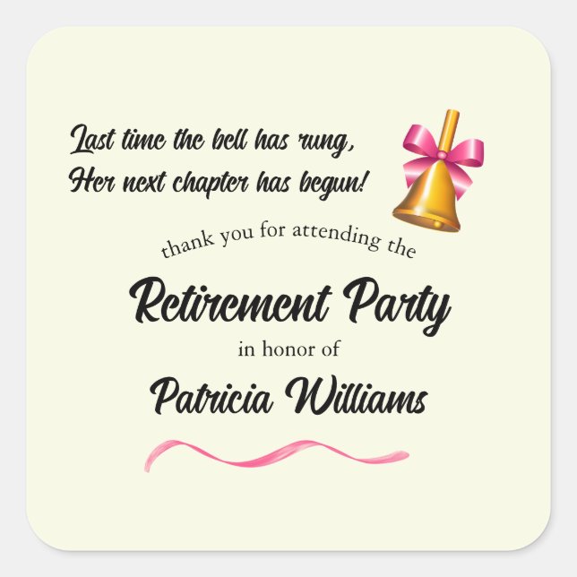 Pegatina Cuadrada Fiesta de Jubilación Bell de Escuela Clásica (Anverso)